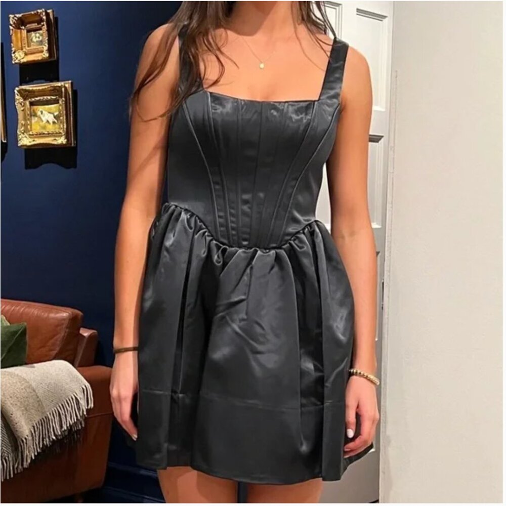 ✨ SALE STAUD Landscape Satin Mini Dress Sz2 Black Corset Classic Party Cocktail